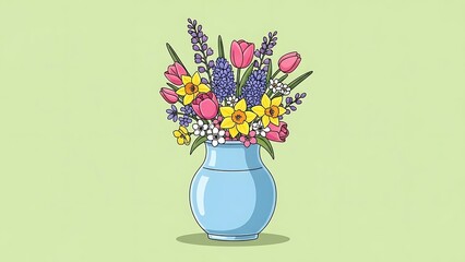 An illustrated bouquet featuring pink tulips, yellow daffodils, and purple hyacinths in a light blue vase
