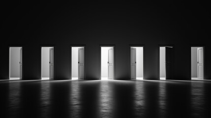 A row of identical doors in a dark room, each slightly open with bright light emanating from within, symbolizing choices.