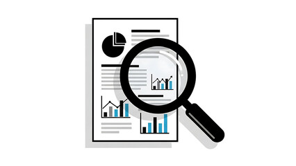 A magnifying glass is used to examine a document with graphs and charts on transparent background