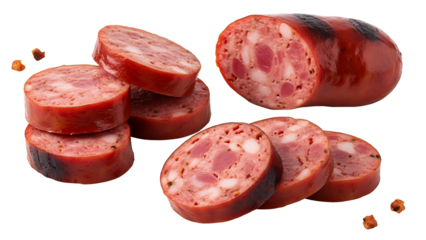Sliced sausages on a transparent background, showcasing a delicious and savory food product