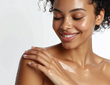 Model Applying Lotion to Her Neck and Decollete in Off-shoulder Top
