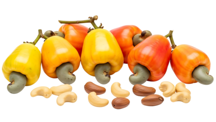 A vibrant display of cashew fruits and nuts on transparent background