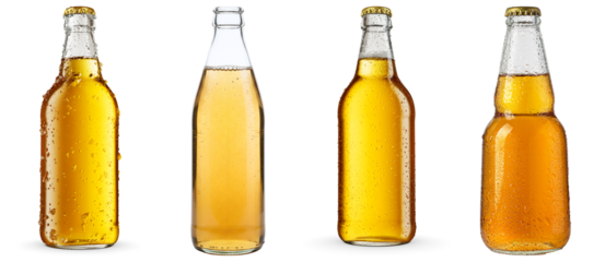 a detailed photograph of four distinct beer bottles, some with condensation, showcasing various shapes and shades of golden liquid, expertly captured against a dark background, perfect for beverage ad