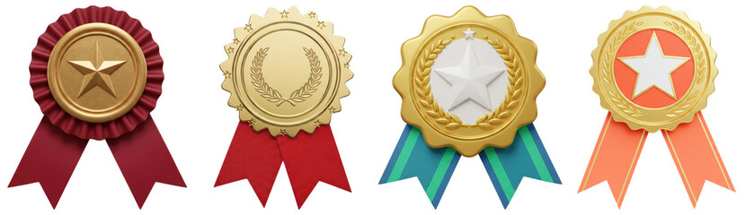 a vibrant 3d render showcasing four distinct award badges, each with unique metallic finishes, star...