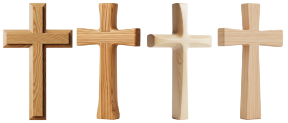 a spiritual photograph showcasing four distinct wooden crosses, each with unique textures and designs, symbolizing faith, christianity, and religious devotion, ideal for spiritual and religious themes