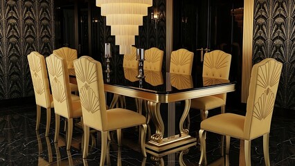 Luxurious Dining Room with Ornate Table and Chairs.