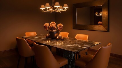 Elegant Dining Room with Modern Chandelier and Table Setting.
