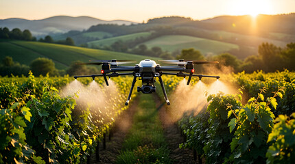 Agricultural drone spraying vineyard - precision agriculture and smart farming technology