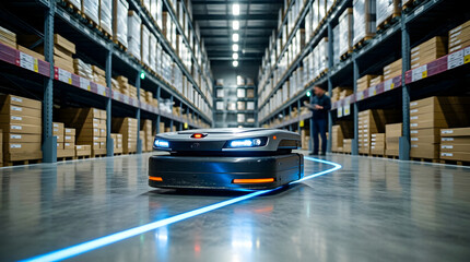 Automated Guided Vehicle moving through a smart warehouse - futuristic logistics and supply chain technology