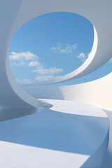 A minimalist architectural space with curved white walls and a circular opening to a blue sky.