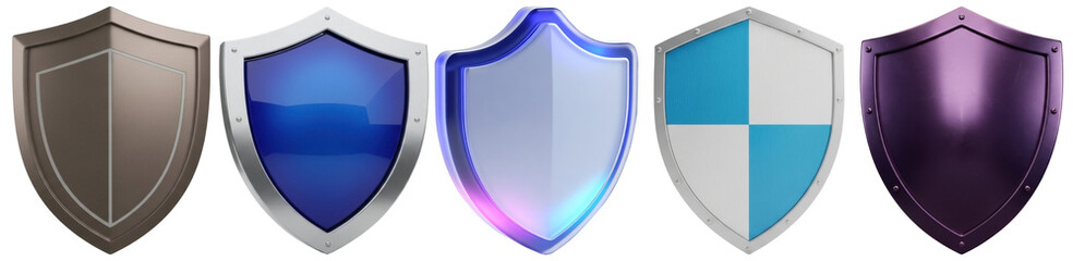 collection of various detailed 3d render shield designs showcasing diverse styles, textures, and vibrant colors on a transparent background.