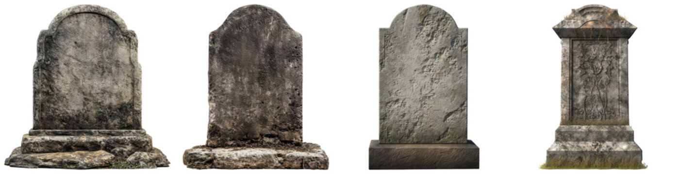 four weathered gravestones, a realistic 3d render, symbolizing memory, loss, and history against an isolated dark backdrop.