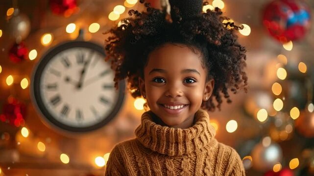 Smiling African American Girl in Cozy Sweater Amidst Festive Holiday Lights