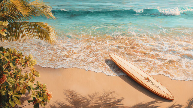 A serene beach scene with a surfboard and palm trees. The waves are gently crashing on the shore, creating a tranquil atmosphere