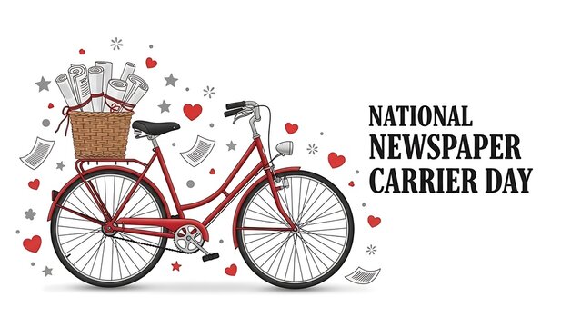 Celebrating national newspaper carrier day with a classic red bicycle delivering rolled up news publications and heartfelt appreciation symbols scattered around