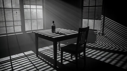 Dramatic Black and White Scene of a Table with Bottle and Chair in Striped Light.