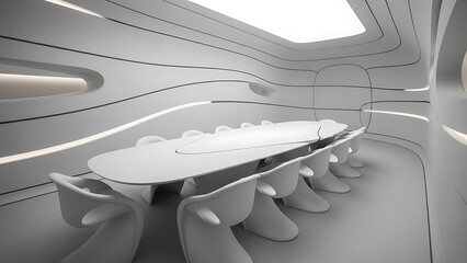Futuristic White Boardroom with Oval Table and Sculptural Chairs.