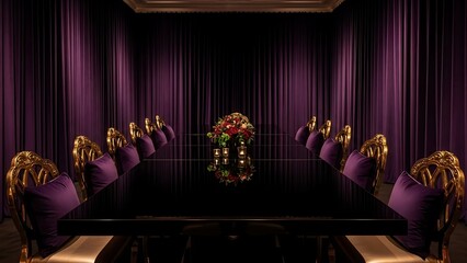 Luxurious dark conference room with plush purple chairs and a central floral arrangement.