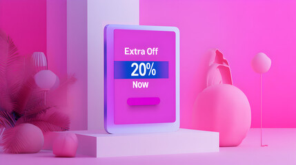 A vibrant pink advertisement display with a 20% off discount offer on a modern digital screen