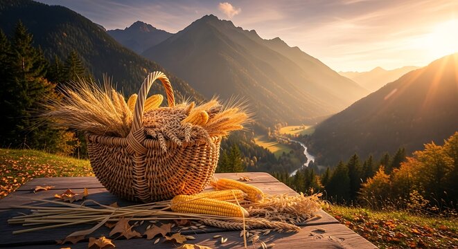 Autumn Harvest in the Mountains - A Basket of Corn and Wheat.