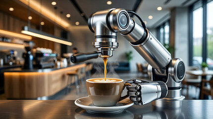 Robotic arm serving coffee in a futuristic cafe - AI and automation in hospitality