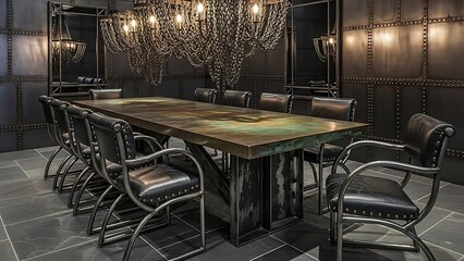 Elegant Industrial Style Dining Room With Large Table and Ornate Chandelier.