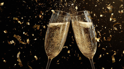 Two champagne flutes clinking together with golden confetti cascading around them. Celebrate a special occasion with a toast of champagne
