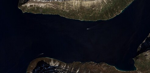 Aerial Satellite View of Greenland Fjord and Rocky Tundra