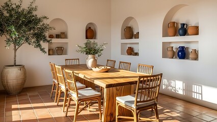 Elegant dining room with a large wooden table and rattan chairs, illuminated by natural light.
