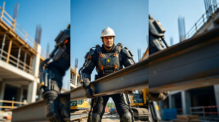 Construction worker using robotic exoskeleton for heavy lifting - future of industry and technology