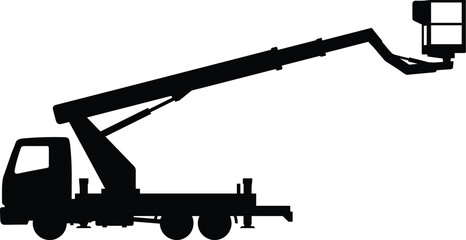 Cherry picker truck silhouette, hydraulic boom lift vehicle for maintenance construction work, aerial platform equipment illustration isolated black vector graphic © Shahariar's World