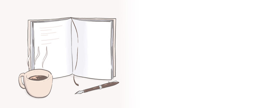 Horizontal illustration of notebook and coffee with copy space / 文字スペースのあるノートとコーヒーの横長イラスト