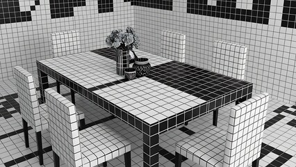 Retro Dining Room with Black and White Tiled Table and Chairs.