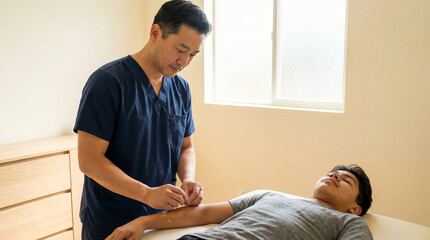 Acupuncture treatment A male practitioner performs acupuncture on a young patient's arm in a well-lit room, demonstrating a therapeutic session