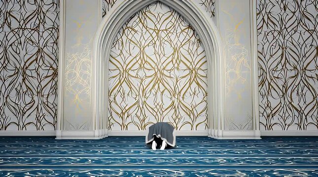 Person kneeling in prayer inside a mosque with ornate archway and patterned walls