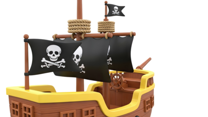 Cartoon Pirate Ship with Jolly Roger Flags and Wooden Details