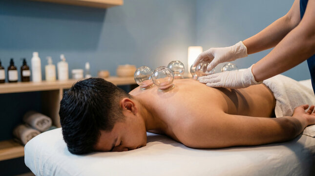 Therapist performing cupping therapy on a man's back, promoting relaxation and pain relief in a tranquil spa setting