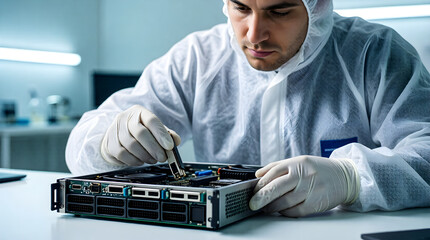 Edge computing hardware maintenance by technician in cleanroom - modern data center technology