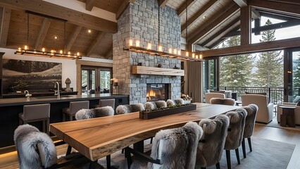Luxurious rustic dining room with large wooden table and stone fireplace.
