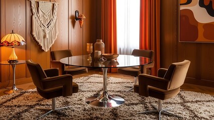 Retro Dining Room with Mid-Century Modern Furniture and Warm Lighting.