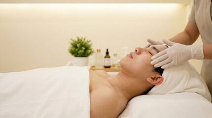 A young man receiving a relaxing facial massage in a spa, with a therapist gently touching his face, promoting wellness and skincare treatments