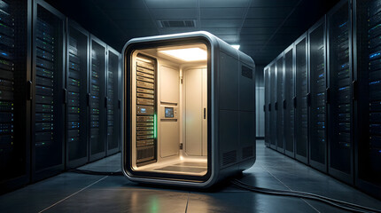 Edge computing pod glowing in a dark server room - futuristic data center technology