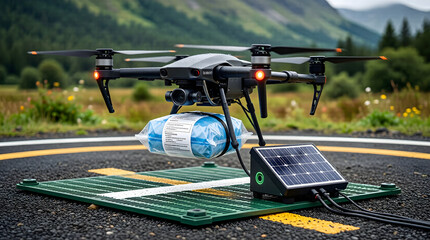Drone delivering medical package to remote clinic - healthcare logistics and edge computing technology