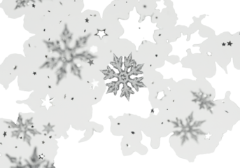macro shot of intricate pale silver and light grey snowflakes and metallic stars gently drifting against a transparent infinity background, ample negative space, concept of elegant winter design asset