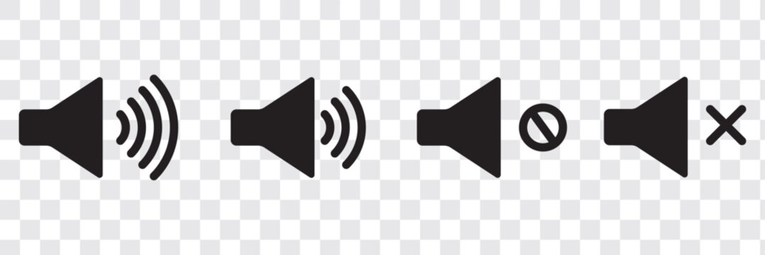 Volume Icon set. Loudspeaker Mute and unmute volume sound flat vector icons for video apps and websites. Speaker volume icon -audio voice sound symbol media music. Simple black line flat glyph