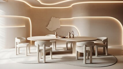 Modern Dining Room with Futuristic Curved Walls and Soft Lighting.