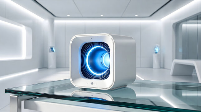 Edge computing device with glowing blue core - minimalist futuristic technology background - Powered by Adobe