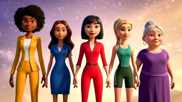 Diverse group of animated women celebrating International Women's Day with unity and empowerment, representing strength and sisterhood across generations