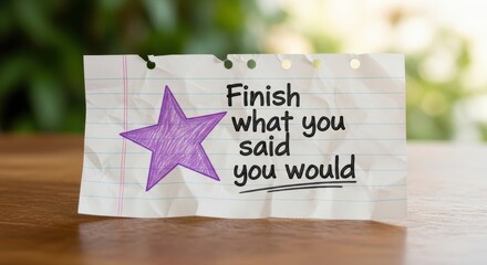 Purple star and motivational quote written on lined paper, promoting determination and follow-through.