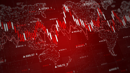 Falling stock graph on a red world map background representing a global financial crash. Ideal for crisis, economics, and trading visuals. finance investment background concept. 3d Rendaring